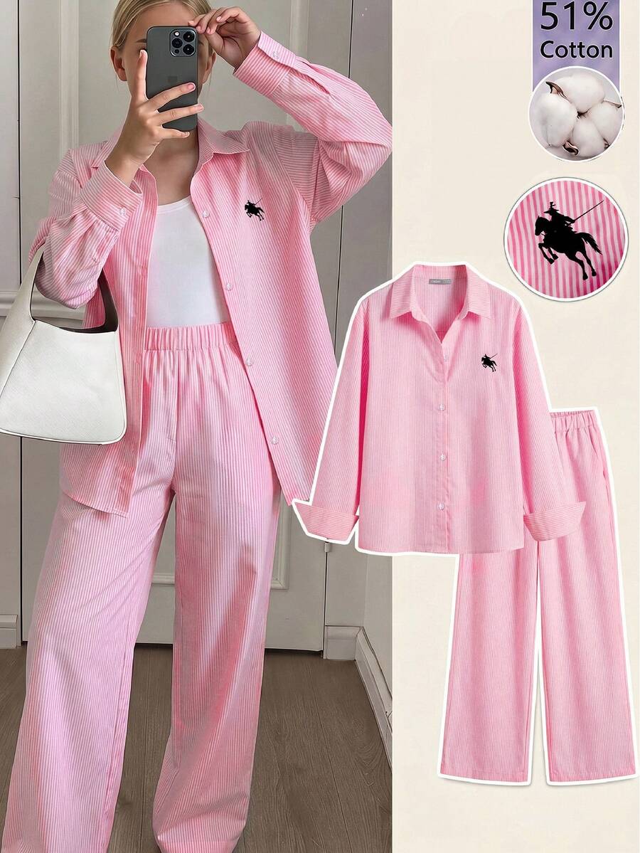 SHEIN 少女騎士條紋印花單排扣襯衫與長褲套裝