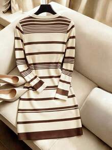 SHEIN Women's Autumn/Winter New Hot-Selling Colorblock Striped Print Pattern Slim Fit Versatile Fashion Dress - Multicolor - View 2