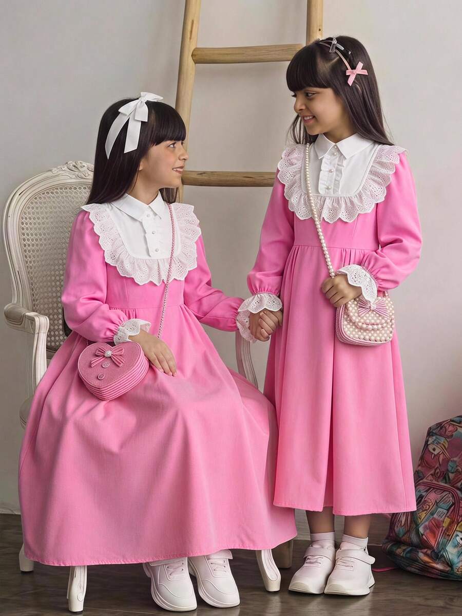 SHEIN 青少年女孩春秋冬款梭織粉色與白色拼接領口2合1休閒校園風可愛荷葉邊裝飾蘑菇鈕扣拼接長袖長洋裝,秋冬校服 - 粉色 - 查看 1