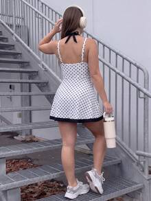 Dewbera Dewbera Gaun Olahraga 2-in-1 Wanita Ukuran Plus Motif Polkadot Leher Halter dengan Celana Pendek - MultiWarna - View 4