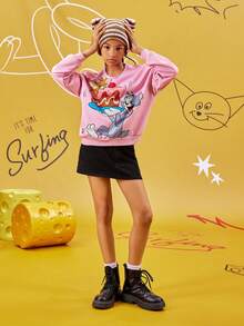 TOM & JERRY X SHEIN Tween Girl Cartoon Printed Pink Casual Loose Drop Shoulder Sweatshirt - Pink - View 8