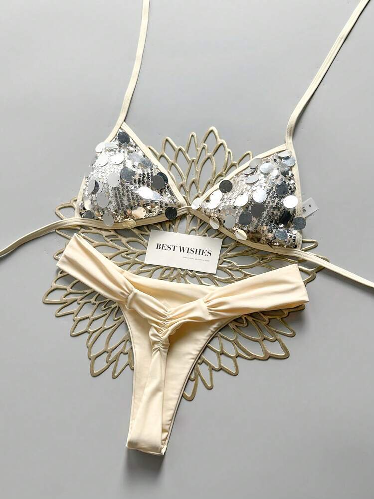 Swim Mod Women's 2 Pieces Bikini Set, Champagne Gold Sequin Fabric Triangle Tie Top And Ruched Bikini Bottoms, Beach Swimwear Outfit For Girls - Beige - View 1