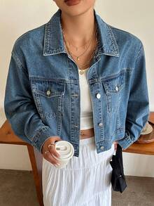 Dazy Plus Vintage Denim Washed Turn Collar Loose Long Sleeve Denim Jacket Short Denim Coat Spring Autumn - Medium Wash - View 2