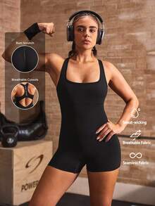 Powerista Women's Letter Print Casual Daily Outing Sports Romper Hesign, High Elasticity, Flattering Fit, Suitable For Strength Training And Fitness Jumpsuit - Black - View 3