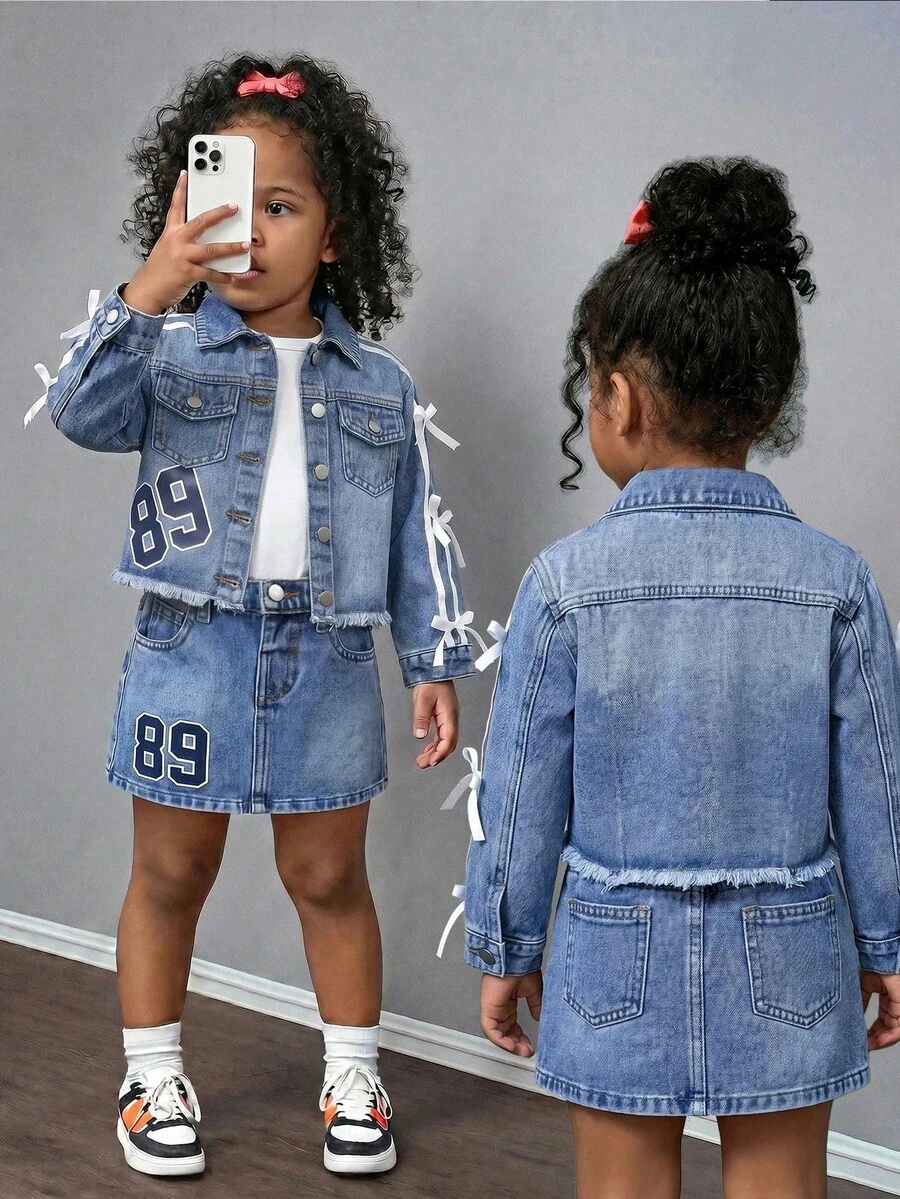 SHEIN 女童幼兒字母印花緞帶蝴蝶結藍色丹寧短款長袖夾克 & 裙子 2件組