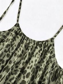 SHEIN Swim 夏季新款豹紋網紗長款優雅波希米亞風性感休閒細肩帶罩衫洋裝，女款復活節度假鄉村假期海灘綠色 - 軍綠色 - 查看 5