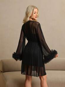 HautHeat Women's Lace Patchwork Cami Dress And Long Sleeve Cardigan Sexy Sleepwear Set - Black - View 2