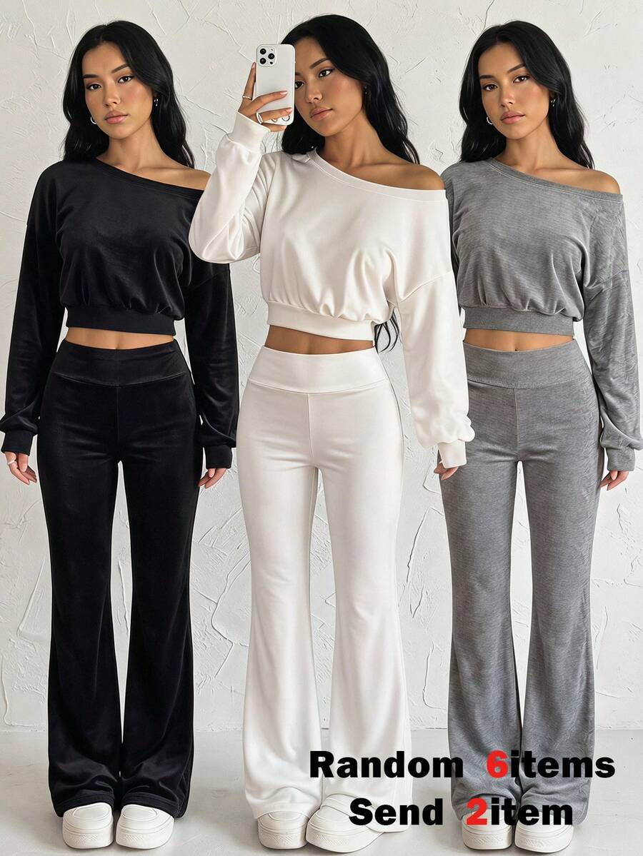 SHEIN Sparklyn 青少年女孩時尚不對稱肩純色運動衫與高腰彈性不透寬腿褲套裝,極簡Y2K風格休閒運動穿搭,適合女孩春秋校園與日常穿著,2-16歲舒適街頭風兩件套 - 白色 - 查看 1