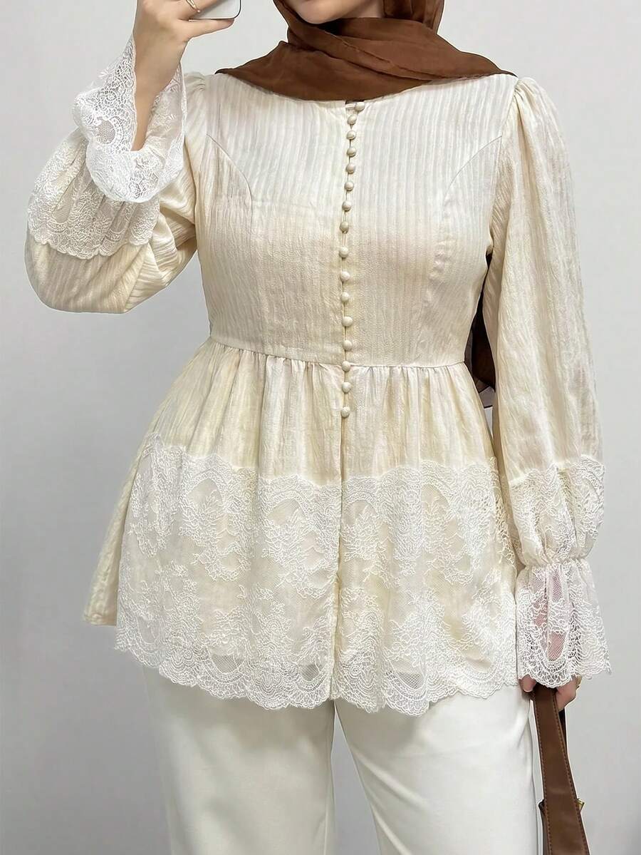Solavon Plus Size Sweet French Style Button Lace Patchwork Flared Cuff Blouse - Beige - View 1