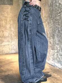 Dazy Plus Celana Jeans Panjang Model Longgar Lebar dengan Desain Ikat Pinggang Denim Vintage, Gaya Blogger, Pas Badan, dan Ramping, Cocok untuk Musim Semi, Gugur, dan Musim Dingin. - Medium Wash - View 5