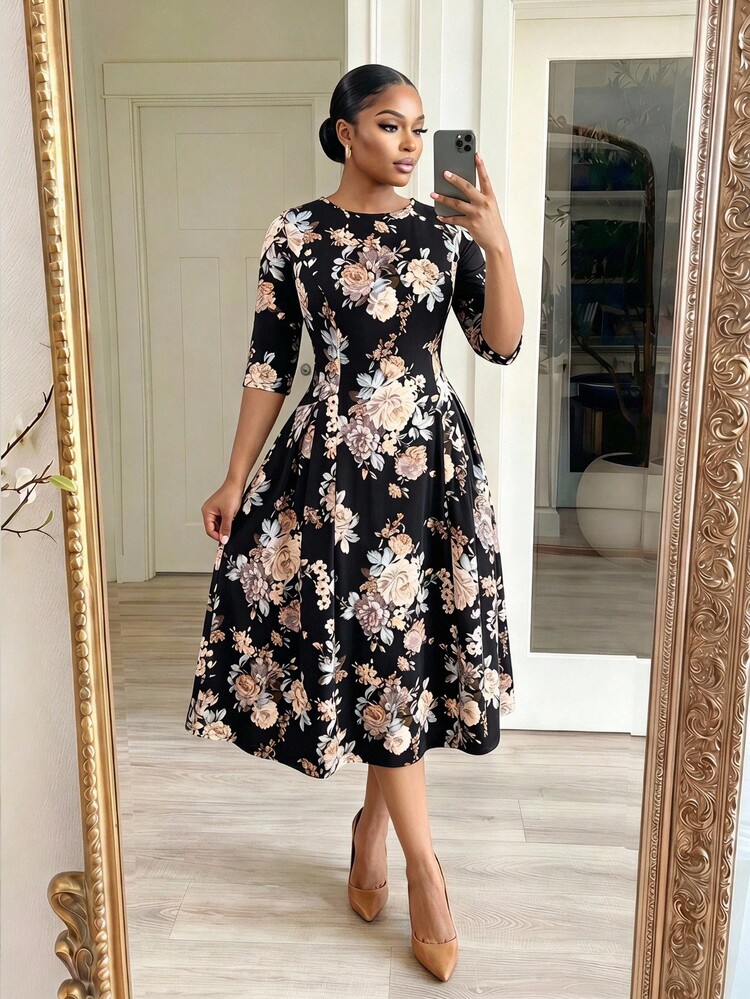 SHEIN Lady Vestido elegante de mujer talla grande con estampado floral, manga 5/8 y cuello redondo - Multicolor - Añade 1