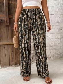 SHEIN PETITE CURVE Plus Size Women's Casual Drawstring Waist Colorblock Wide Leg Pants - Multicolor - View 5