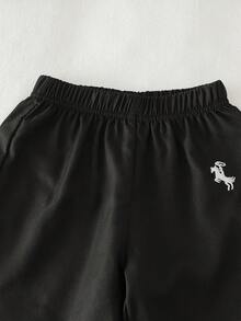 SHEIN 2件組男孩夏季黑色學院風小馬刺繡麻花針織短袖上衣與休閒長褲套裝，寬鬆舒適，適合日常穿著、學校活動、戶外玩耍、家庭聚會、拍照拍攝 - 黑色 - 查看 5