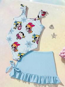 THE POWERPUFF GIRLS X SHEIN 女童條紋卡通印花連身泳衣，適合海邊度假、泳池派對、海灘派對 - 藍色 - 查看 2