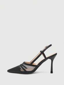 CUCCOO BIZCHIC Women's Satin Mesh Stitching Slingback High Heels, Pointed Toe Double Strap Stiletto Shoes - Black satin - View 4