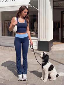 Dewbera Dewbera Women's Contrast Waistband Sports Long Pants - Black - View 4