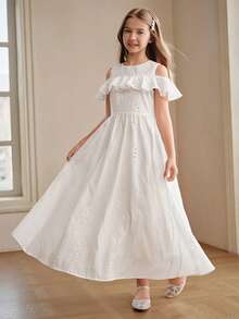 Anewsta Vestido blanco de verano para niñas con bordado, calado, estilo princesa, línea A, volantes, hombros descubiertos, top sin mangas, para niña preadolescente - Blanco - Ver 1