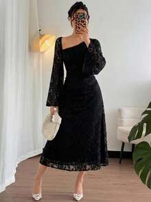 DAZY Women's Elegant Lace Asymmetric Ruched Long Dress, Spring/Summer Dress Sundress - Black - View 9