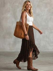 LanaWest Women's Western Casual Lace Elastic Waist Ruffle Hem Slit Skirt - Brown - View 3