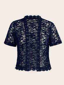 EMERY ROSE Ladies' Summer Solid Color Lace Patchwork Casual Open Front Jacket For Holiday Party Clothes - Navy Blue - View 1