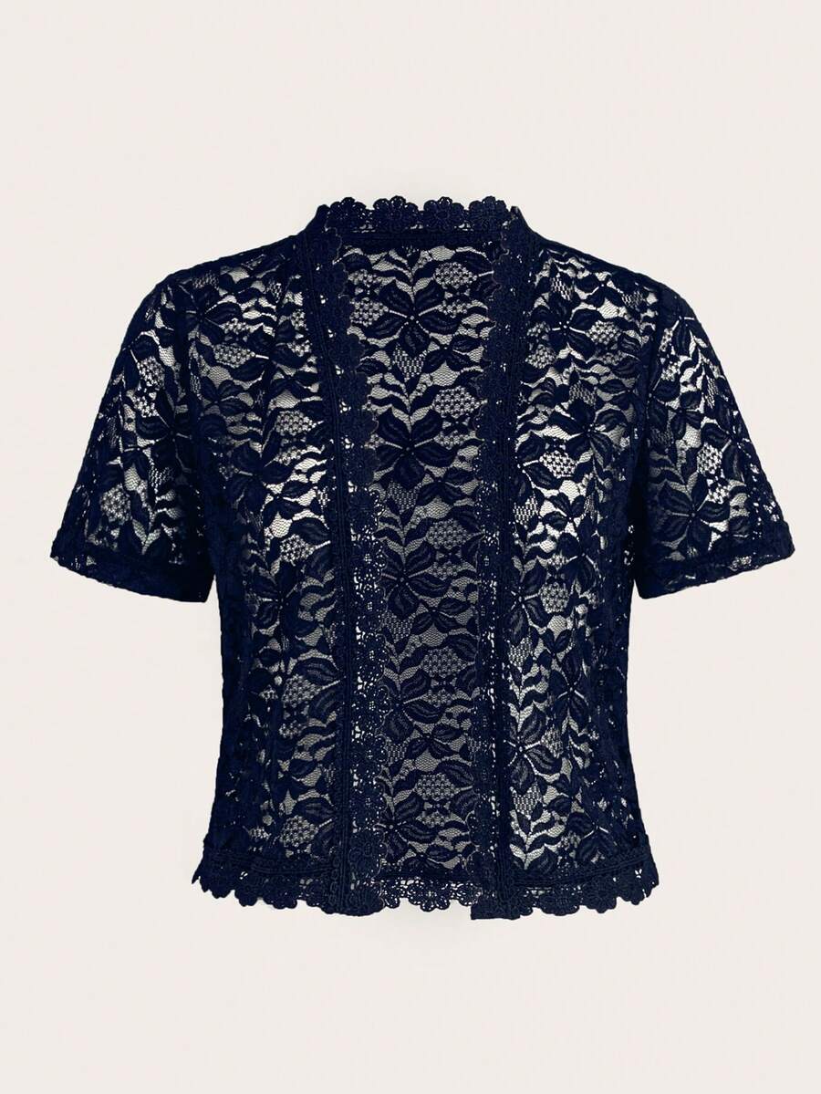 EMERY ROSE Ladies' Summer Solid Color Lace Patchwork Casual Open Front Jacket For Holiday Party Clothes - Navy Blue - View 1
