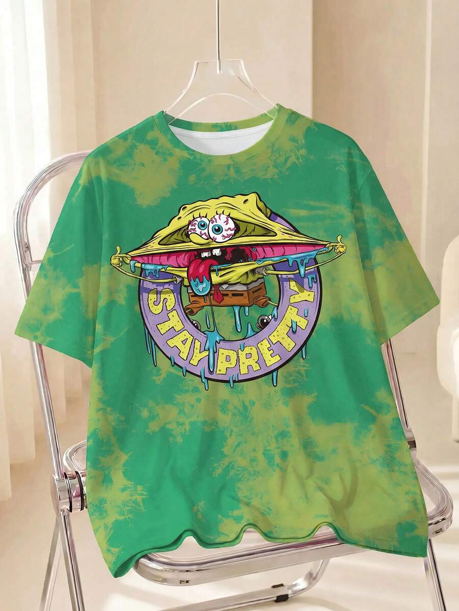 SpongeBob SquarePants | SHEIN 男款卡通 & 紮染印花圓領短袖T恤 - 白色 - 查看 1
