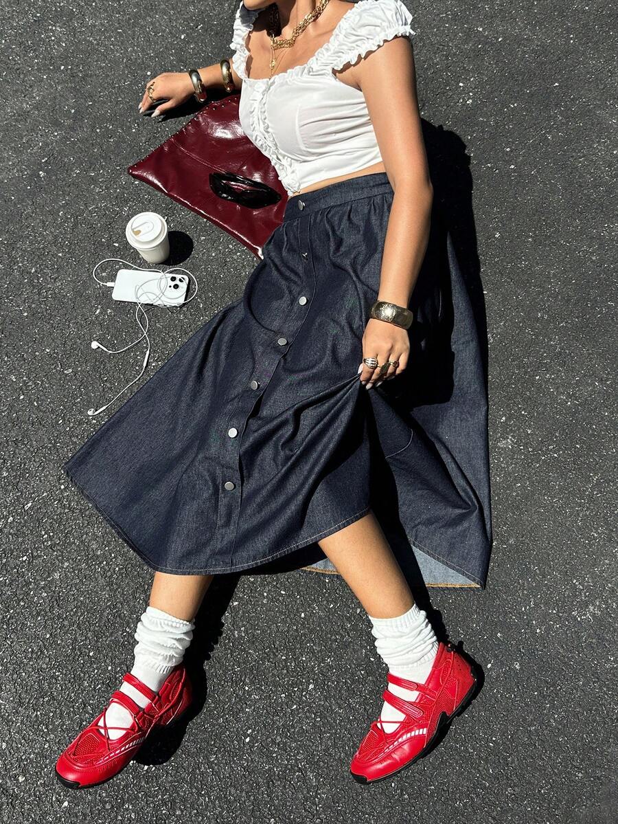 Rivivi Jupe longue en denim polyvalente avec boutons, mode grande taille - Jean brut - Voir 1