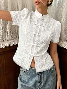 SHEIN PariChic Women's French Elegant Lace Short Sleeve Blouse, All-Season Versatile Stand Collar Frog Button Top, Slightly Sheer Crochet Lace Fabric, Slim Fit Cropped Hem, Vintage Style Design; Suitable For Office Commute, Daily Wear, Casual Outings And Weekend Outfits, Easily Paired With Jeans, Casual Pants And Skirts - White - View 3