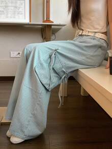 FRIFUL 女款條紋口袋寬腿寬鬆休閒牛仔褲 秋季 - 藍色 - 查看 2