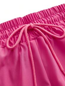 SHEIN Cheerettes Women's Plus Size Drawstring Waist Casual Versatile Daily Travel Sports Shorts Pink Double Layer Shorts Soft Stretch Fabric Inner Side Pocket Split - Tropical Pink - View 6