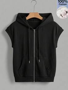SHEIN EZwear 袋鼠口袋連帽衛衣 夏季旅行黑色運動休閒風 - 黑色 - 查看 11