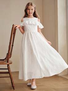 Anewsta Vestido blanco de verano para niñas con bordado, calado, estilo princesa, línea A, volantes, hombros descubiertos, top sin mangas, para niña preadolescente - Blanco - Ver 7