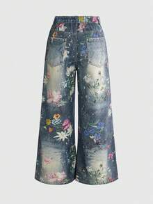ROMWE Fairycore Celana Jeans Kasual Serbaguna untuk Pemakaian Sehari-hari dengan Kancing Motif Bunga untuk Wanita Ukuran Besar - Biru - View 2