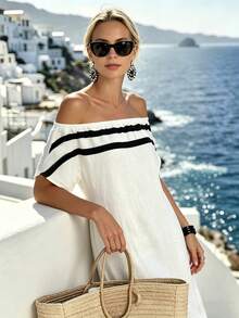 SHEIN LUNE White Off-Shoulder Off-Shoulder Striped Casual Vacation Midi Dress For Women - White - View 3