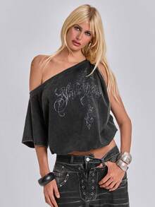 ACID BLVD 夏季 Y2K 頹廢風褪色藤蔓印花扭轉不對稱肩女款 T 恤 - 黑色 - 查看 7