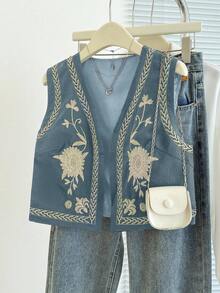 Franclia Women's Floral Embroidered Open Front Lightweight Vest Jacket - Blue - View 3