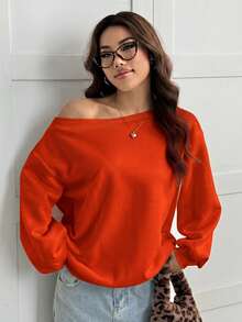 SHEIN EZwear 女款寬鬆白色保暖內裡不對稱肩領衛衣，秋冬款 - 橘色 - 查看 4