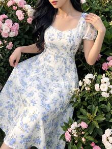 Feyla 女款花卉印花休閒派對旅行短洋裝 - 藍色 - 查看 4