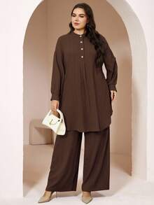 Veilorie Plus Size Women Solid Color Button Half-Placket Long Sleeve Shirt And Pants Casual 2-Piece Set Fall - Coffee Brown - View 4
