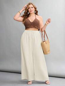 SHEIN PETITE CURVE 大尺碼全鬆緊腰休閒長褲 - 米色 - View 3