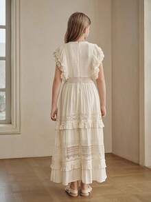 Anewsta Abito da festa di giugno estivo elegante con scollo rotondo, vita arricciata, patchwork e bordo in pizzo, abito da ragazza, abiti da sera e da occasione di lusso, matrimonio, festa - Albicocca - Visualizzare 7