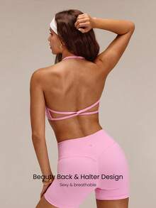 GLOWMODE Ultrafine Soft Seamless Work It Out Thin Strap Halter Top With Open Back Design & Removable Cups Training Workout Gym Fitness Summer Wear - Sugar Pink - View 2