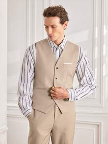 Officeau Men's 3pcs Beige Luxury Suits, Blazer & Waistcoat & Pants, For Formal Business/ Office/ Wedding - Beige - View 3