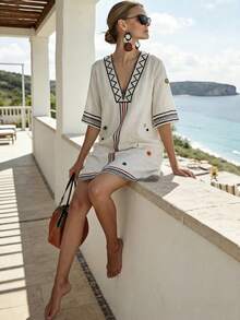 SHEIN Holidaya Women's Contrast Color Striped Print Deep V-Neck Casual Vacation Mini Dress - Beige - View 3