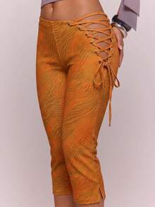 MUSERA Asymmetric Dipped Front Cut Out Lace Up Animal Print Fitted Capri Pants Cute Sexy Holiday Spring Summer Festival Cool Girl Vintage Evening Party Vacat - Orange - View 5