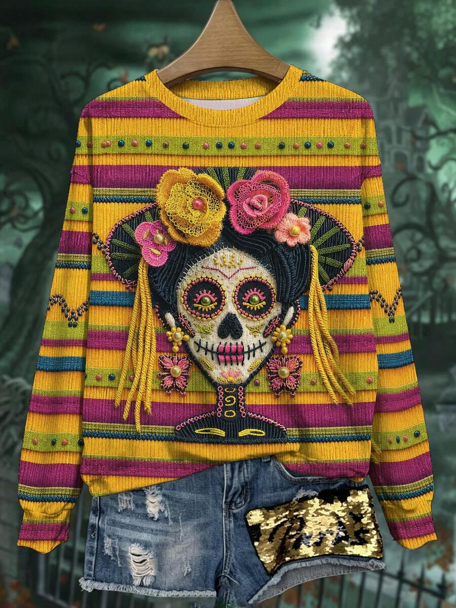 EMERY ROSE Halloween Exotic Day Of The Dead Oiran Skeleton Graphic Print Round Neck Long Sleeve Plus Size T-Shirt Fall - Multicolor - View 1
