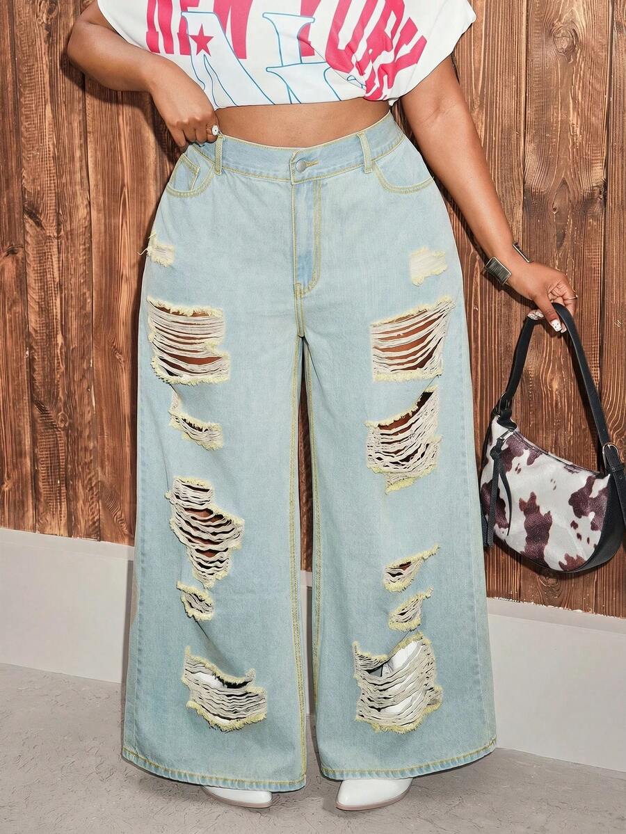Slaydiva Plus Size Casual Washed Distressed Wide Leg Jeans - Blue - View 1