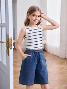 SHEIN Tween Girl Spring Summer Basic Casual Light Washed High Waisted Loose Fit Ruffle Waist Drawstring Denim Long Shorts With Bowknot And Rolled Hem Pockets, Summer Beach Boho Vacation Comfortable , Summer Rave Concert Festival College Style - Dark Wash - View 5