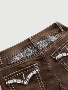 ROMWE Goth Jeans acampanados con bordado de alas de strass - Marrón - Ver 5