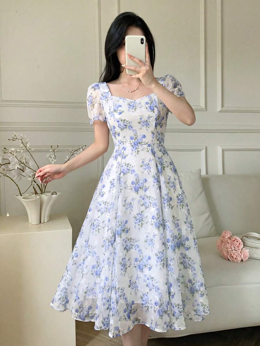 Feyla 女款花卉印花休閒派對旅行短洋裝 - 藍色 - 查看 1